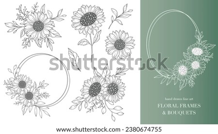 Sunflowers Line Art, Sunflower Frames. Floral Frames and Bouquets Line Art. Fine Line Sunflower Bouquets Hand Drawn Illustration. Coloring Page with SunFlowers. 