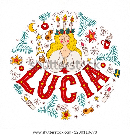 Happy Lucia Day handwritten lettering poster, card, invitation, banner. Vector illustration EPS 10.