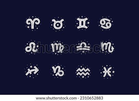 White sings of zodiac with stars on deep blue background. Flat vector illustration EPS 10.