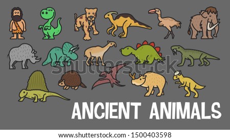 Funny vector cute ancient animal  icon set. Ice age stickers. Dinosaur web element characters. 