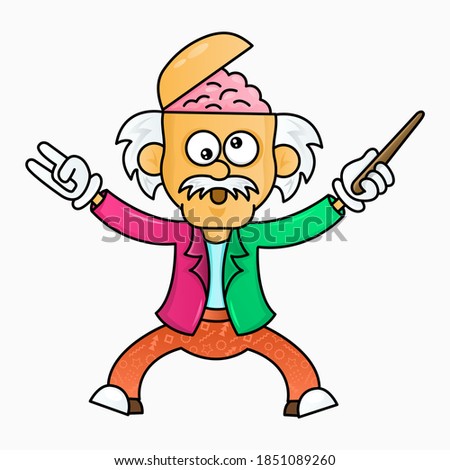 Funny cartoon crazy professor. Madman teacher character. The brain jumped out of the scientist's head. Design for print, emblem, t-shirt, party decoration, sticker.