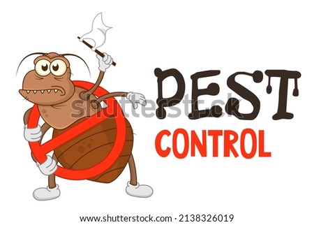 Funny vector illustration of pest control logo for fumigation business. Comic locked bed bug surrenders. Design for print, emblem, t-shirt, sticker, logotype, corporate identity, icon.