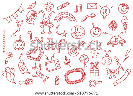 Universal set icons doodles hand drawn of love and fun, vector illustration.