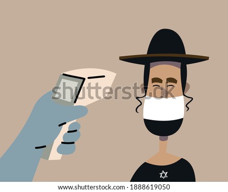A Jewish man's temperature is taken. Flat vector illustration.