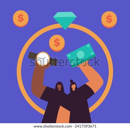 Pawnshop. Girls exchange jewelry and watches for money. Flat vector illustration.