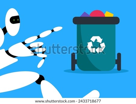 Robot Volunteer clearing the streets of trash and natural debris. Waste recycling service. Flat vector illustration.