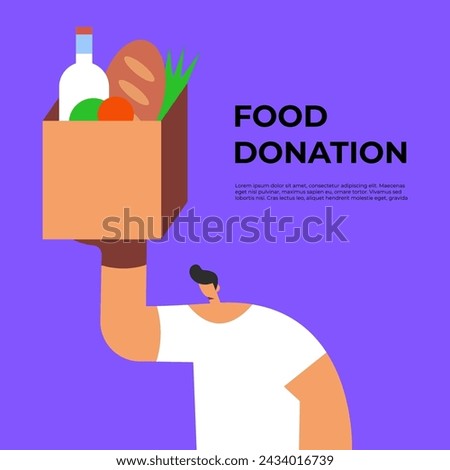 Bringing groceries to food bank. Volunteer Man holding a donation box with food. Awareness and charity concept. Flat vector illustration.