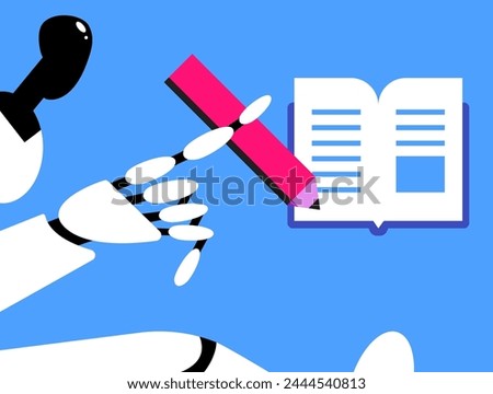 AI Robot, deep in thought, makes notes in a book. Copywriter or blogger, creative idea and inspiration. Imagination for success at work. Talent and skills concept. Flat vector illustration.