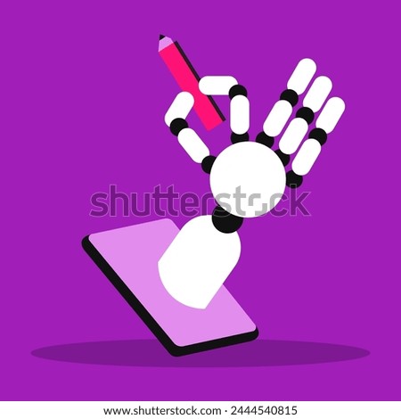AI arm with pencil, deep in thought, makes notes in a book. Copywriter or blogger, creative idea and inspiration. Imagination for success at work. Talent and skills concept. Flat vector illustration