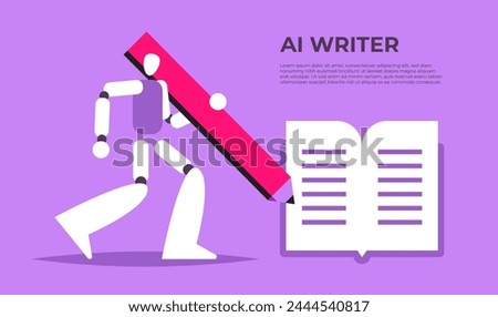 AI Robot with pencil, deep in thought, makes notes in a book. Copywriter or blogger, creative idea and inspiration. Imagination for success at work. Talent and skills concept. Flat vector illustration