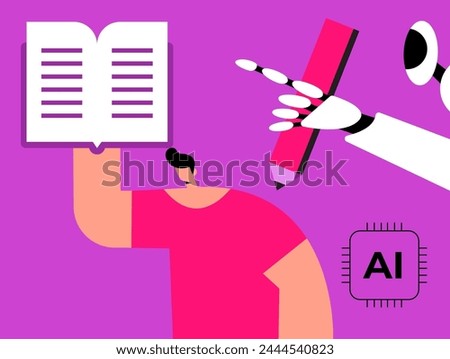 AI Robot and boy, deep in thought, makes notes in a book. Copywriter or blogger, creative idea and inspiration. Imagination for success at work. Talent and skills concept. Flat vector illustration.