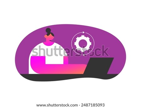 System update with girl. Character programmer update the operating system. System maintenance, software and program updates, technology. Flat vector illustration.