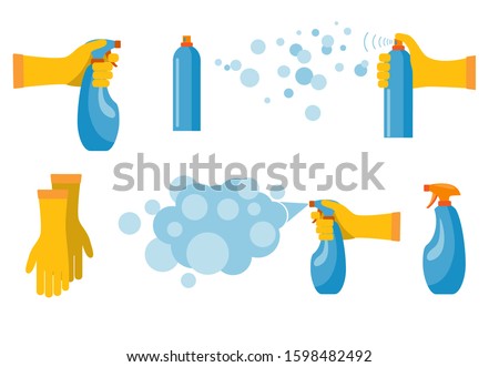 Hand holding and pressing down nozzle of aerosol can spraying liquid particles mist. Detergent and disinfectant. Antiseptic spray in flask. Vector illustration 