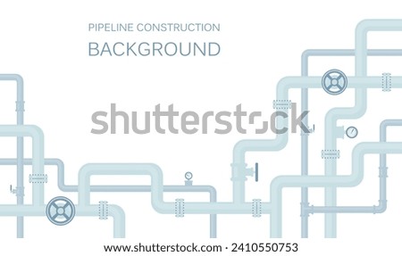 Industrial background with pipeline. Oil, water or gas pipeline with fittings and valves.