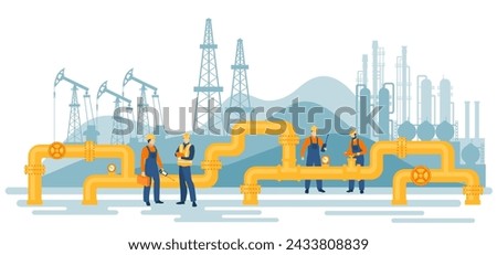 Oil gas workers. Petroleum pipeline engineers. Pipelines and pumps.  Fuel products industry. Petrol production workers