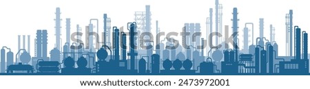 Industrial factories silhouette background. Horizontal seamless pattern. Oil refinery complex with pipes and tanks gas production.