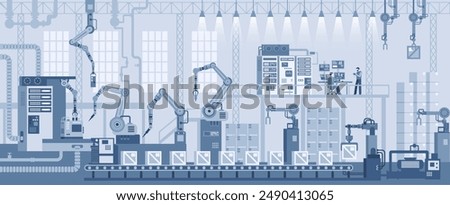 Industrial zone. Assembly line with robotic arms flat illustration. Automated production process, high tech machinery. Factory manufacturing industrial line 