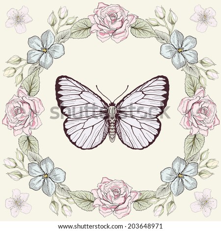 Hand drawn floral frame and butterfly. Colorful illustration. Greeting card in vintage engraving style. Raster version