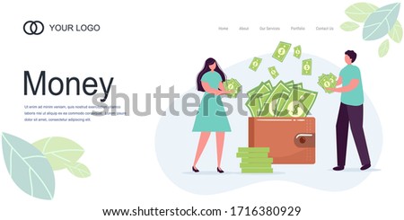 Landing page Girl man, woman hold money, dollars, wallet lot of money. Savings, investing money. Finance, Investment. for Jar Making Saving, Deposit Web Page Banner. Cartoon Flat Vector Illustration