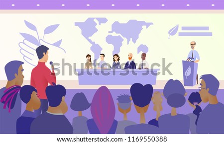 International Ecological Scientific Conference Cartoon Vector Concept with Members of Presidium Siting at Desk on Stage, Speaker Standing Behind Tribune and Journalist Asking Question from Audience