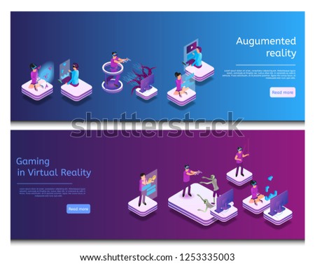 Isometric Online Communicating, Virtual Gaming. Banner Set Image Augumented Reality, Gaming in Virtual Reality. Group Men and Women Play Video Game Using Virtual Reality Glasses, Chat Online.
