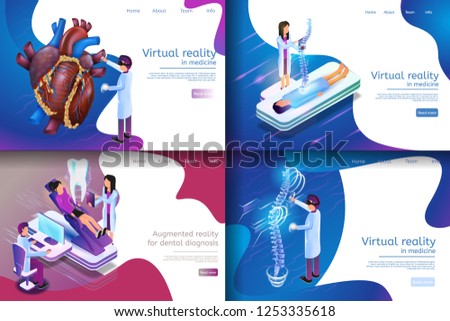 Isometric Illustration Virtual Medical Research. Banner Set Image Virtual Reality in Medicine, Augmented Reality for Dental Diagnosis. Doctor Engaged in Medical Study Spine, Tooth, Heart