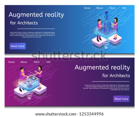 Isometric Illustration Virtual Building Design. Banner Set Image Augmented Reality for Architects. Group Architect are Designing Futuristic Layout Raging City Building. House Modern Metropolis