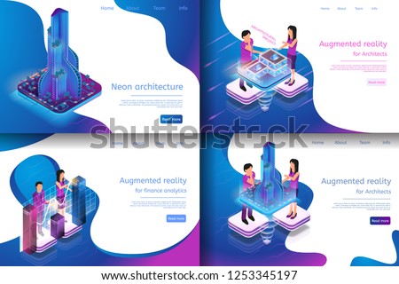 Isometric Illustration Virtual Reality Processes. Banner Set Image Neon Architecture, Augmented Reality for Finance Analytics, Augmented Reality for Architect, Architectural Project