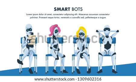 Robot Sit on Chair in Queue Wait for Job Interview. Pensive and Relaxed Artificial Intelligence with Resume. Male and Female Smart Bot Candidate. Office Recruitment. Cartoon Flat Vector Illustration