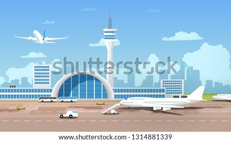 City Airport Terminal Cartoon Vector with Flying After Taking Off Airliner, Airplane Standing on Runway, Taxi and Buses Bringing Passengers to Flight Illustration. Traveling with Air Transport Concept