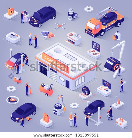 Car Service Isometric Projection Icons Set. Repair Shop Garage , Tow Truck, Mechanics or Technicians Repairing, Replacing Spare Parts in Vehicle, Working Tools and Equipment Illustrations Collection