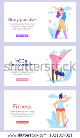 Set of Horizontal Banners with Copy Space. Curvy International Women Characters Active Healthy Lifestyle and Body Positive Motivation Quotes on Open Air Background. Cartoon Flat Vector Illustration.