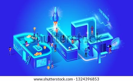Biz Secret Information Idea Girl Shoots with Bow. Scattered Coins Guy Holds Cup Girl Shoots on Smartphone Rocket Takes Off. Vector Illustration Isometric Fingerprint Sensor Retina Virtual Reality.