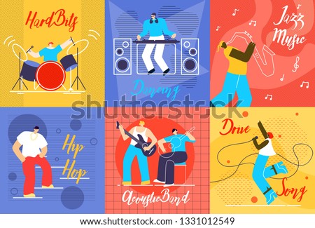 Musical Performances Flat Vector Concepts Set. Drummer Playing on Drums, Dancing DJ, Jazz Musician with Saxophone, Hip Hop Singer, Guitar Players and Vocalist Woman Singing on Stage Illustrations