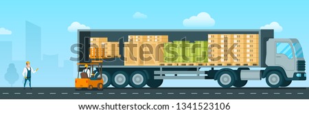Forklift Car Loading Box Up to Shipping Truck. Factory Engineer Driving Loader with Goods to Delivery Van. Storage Worker in Uniform Standing Infront. Flat Cartoon Vector Illustration