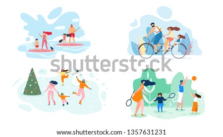 Vector Flat Illustration. Set Family Recreation Site Active Different Seasons. Summer Weekend River Whole Family in Canoeing. Winter Driving Ice Active Sports Bambinton Dad and Daughter Playing Ball