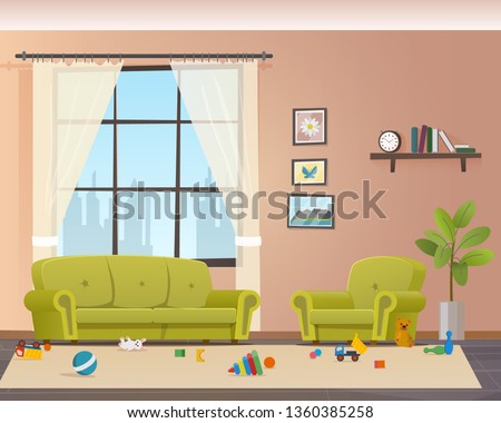 Baby Scattered Toys on Floor. Messy Living Room. Child Mess Space in Home Indoor Interior. Untidy House. Disorder Naugty Children Apartment Design. Flat Cartoon Vector Illustration