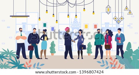 Business Meeting for Negotiations with Foreign Partner or Investor Flat Vector Concept with Businesswoman, Company Female Leader Shaking Hands with Indian Businessman in Dastaar or Turban Illustration