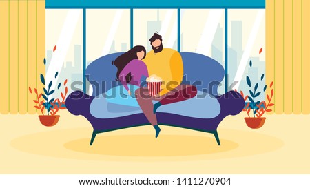 Couple at Home Watching Movie and Eating Popcorn Vector Illustration. Domestic Relax Evening Indoors. Living Room Interior. Man and Woman on Sofa, Love Relationship, Leisure Series Tv Television