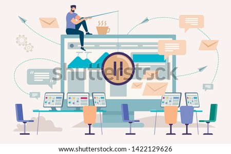 Pause, Coffee Break in Office Work,Flat Vector Concept. Man Sitting on Edge of Computer Monitor, Holding Pause Sign on Fishing Rode Line, Empty Workplaces with Computer Screens on Desks Illustration