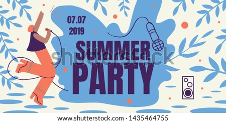 Summer Party Horizontal Retro Colored Banner, Girl Singing with Microphone, Order Ticket Online. Annual Musical Festival Event Invitation. Woman Dance, Sing, Have Fun. Cartoon Flat Vector Illustration