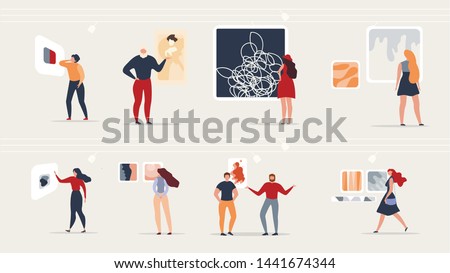Exhibition Modern Abstract Paintings at Gallery. Visitors Gallery Viewing Abstract Paintings of Modern Art and Discuss Impressions. Colorful Vector Illustration in Flat Cartoon Style.