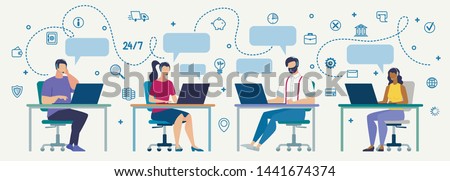 Clients Support, Helpline for Customers, Online Technical Assistance Flat Vector Concept. Call Center Operators in Headset, Sitting at Desk, Communicating, Messaging, Answering Questions Illustration