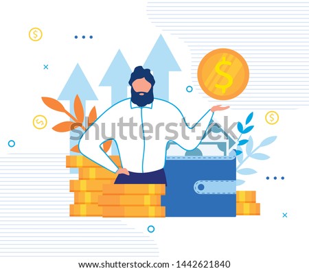 Personal Financial Target Metaphor Cartoon. Office Businessman Stand on Coin Pile Showing Gold Dollar. Wallet with Cash Banknote. Loan Offer, Bank Investments or Refinancing. Vector Flat Illustration