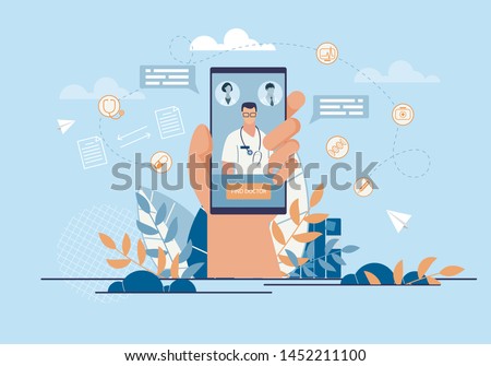 Informational Banner Call Doctor Application. Closeup Hand Holding Smartphone. On Screen Phone,  Doctor Will go to Help Patient. Professional Practitioner Clinic. Vector Illustration.
