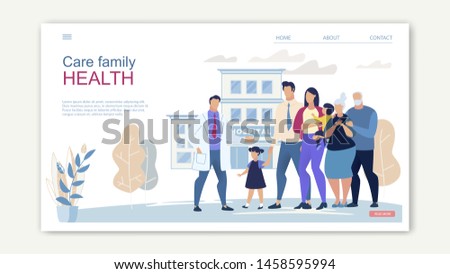 Website Banner Care Family Health Cartoon Page. Demonstration Different Generations that Clinic Ready Take Care, from Baby To Old Man. Regardless Age, Every Family Member Get Quality Medical Care. 商業照片 © 