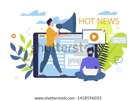 Informational Poster is Written Hot News Flat. Young Man Tells News to Loudspeaker. Guy is Sitting with Laptop and Makes Up Interesting Content for Online Edition. Vector Illustration. Photo stock © 
