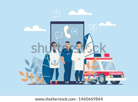 Bright Poster Ambulance Application Cartoon Flat. People in White Coats Stand on Background Smartphone and an Ambulance. Round Clock Access to Online Help  Cartoon. Vector Illustration.