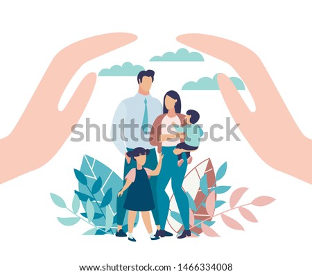 Bright Poster Family Protection with Children. State Protection for Families with Small Children. Parents and Children Stand in Park, Close-up above his Hands. Vector Illustration.