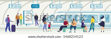 Metropolis Underground Subway or Railway Station Flat Vector Concept with Metropolis Lines Map, Various City Passengers Characters Sitting on Bench at Metro Platform, People Waiting Train Illustration